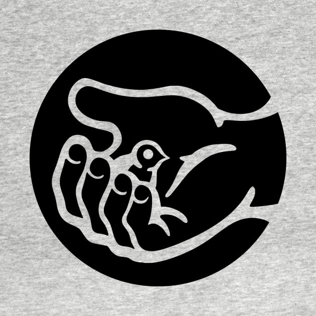 A small bird in a hand, as a symbol of care and compassion in black ink by croquis design